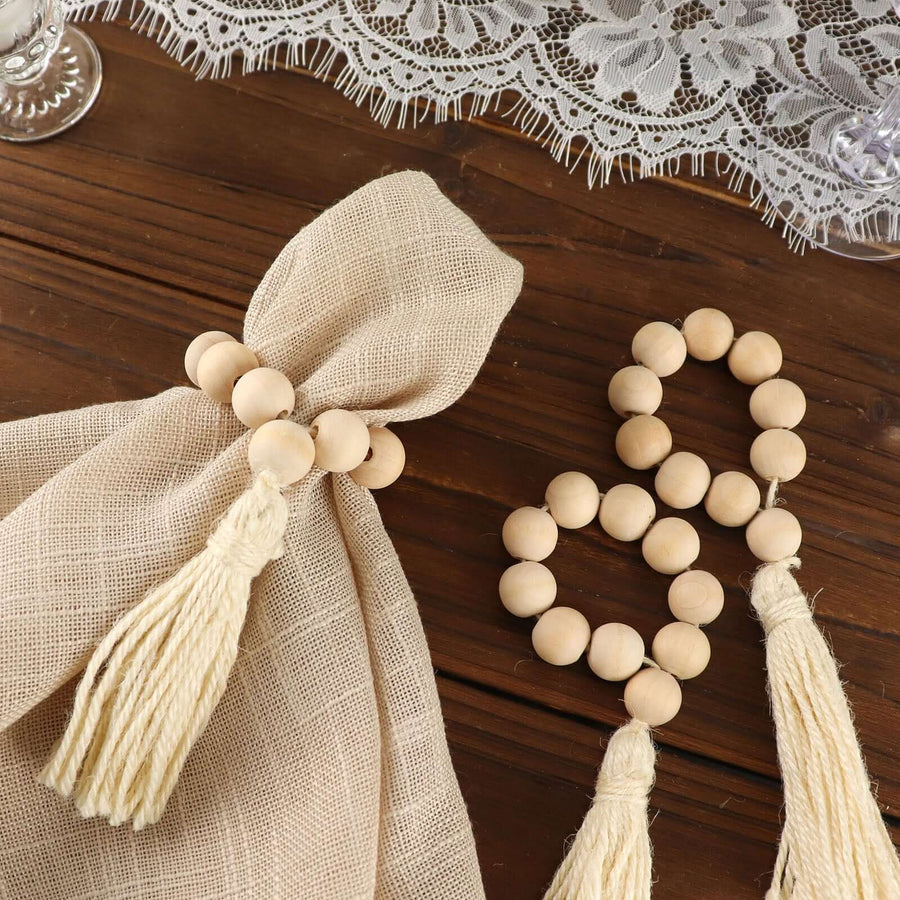 4 Pack | 6inch Cream Rustic Boho Chic Wood Bead Napkin Rings With Tassels