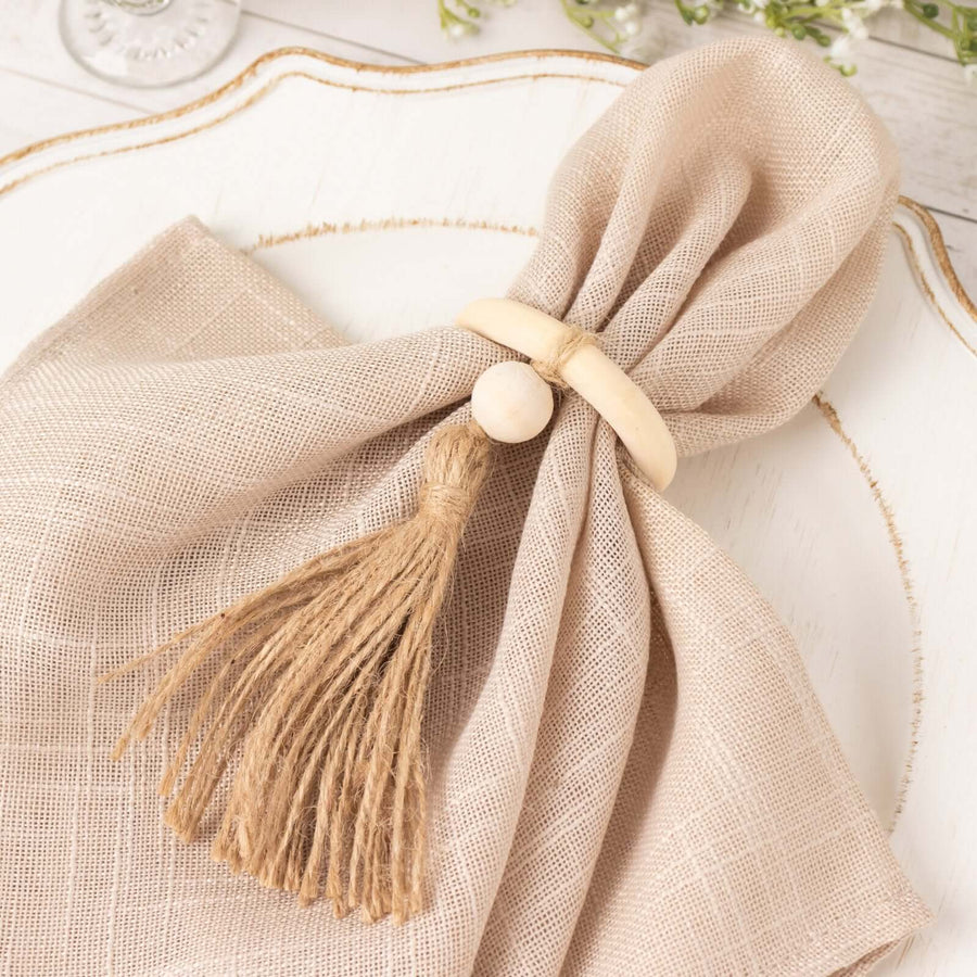 4 Pack Cream Wooden Napkin Rings with Woven Jute Beaded Tassel, Rustic Boho Chic