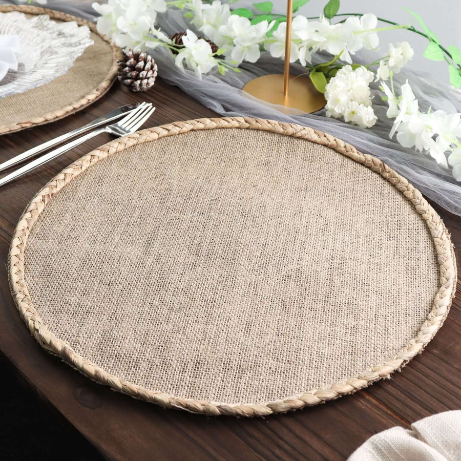 15inch Round Natural Rustic Burlap Jute Placemats Braided Edges, Farmhouse Placemats with Trim
