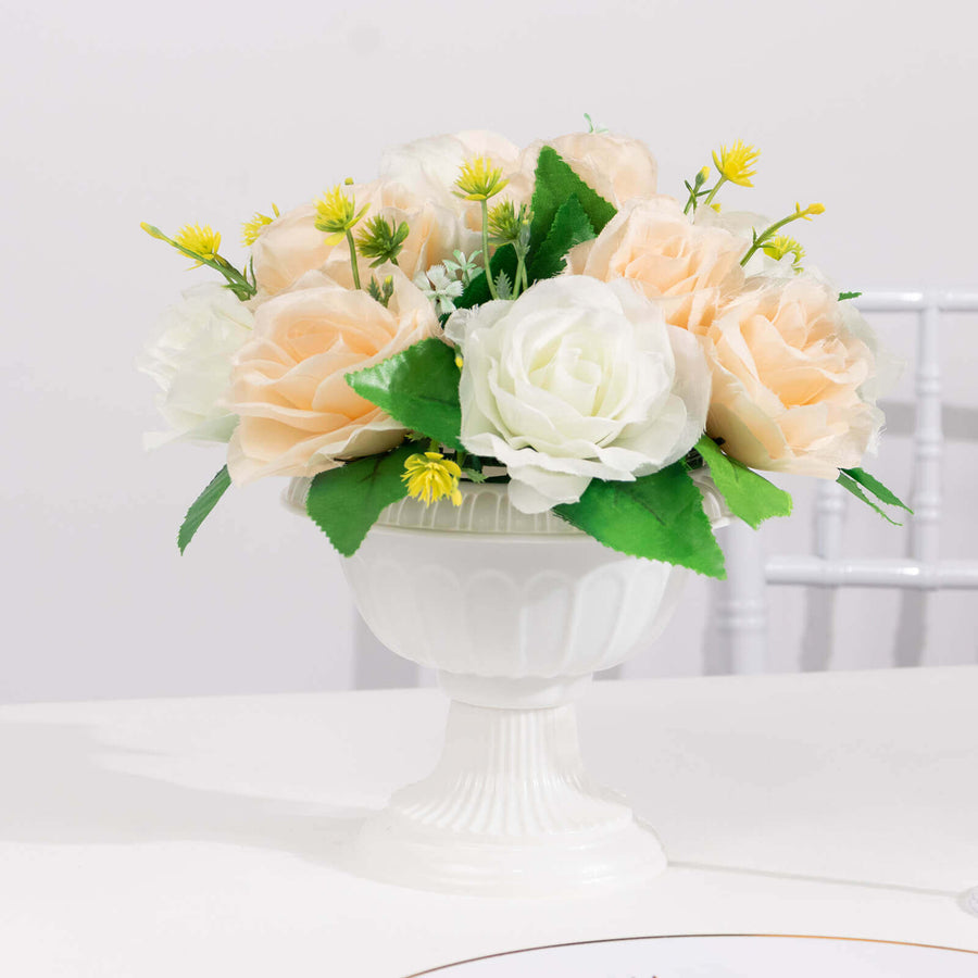 4 Pack White Roman Style Plastic Urn Planter Flower Pots, Classic Floral Pedestal Vase Table