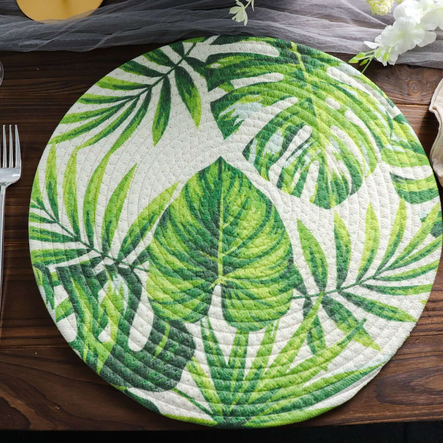15inch Round Green Tropical Leaf Woven Cotton Table Placemats, Outdoor Braided Dining Placemats