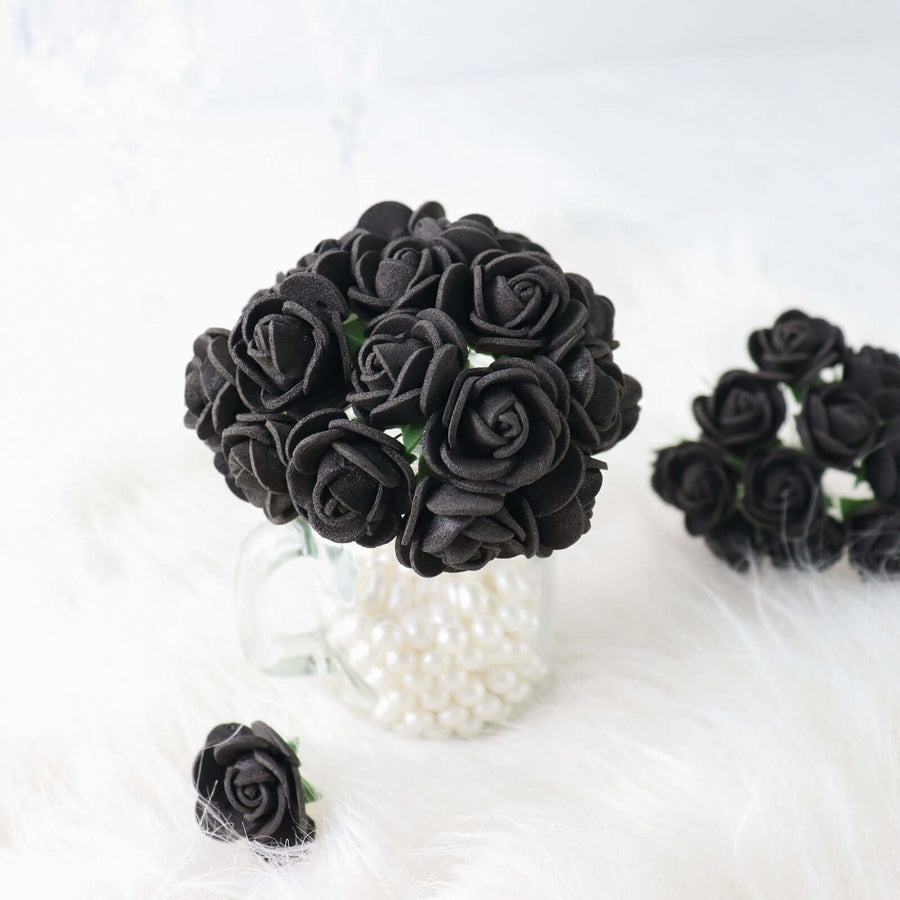 48 Roses | 1Inch Black Real Touch Artificial DIY Foam Rose Flowers With Stem, Craft Rose Buds