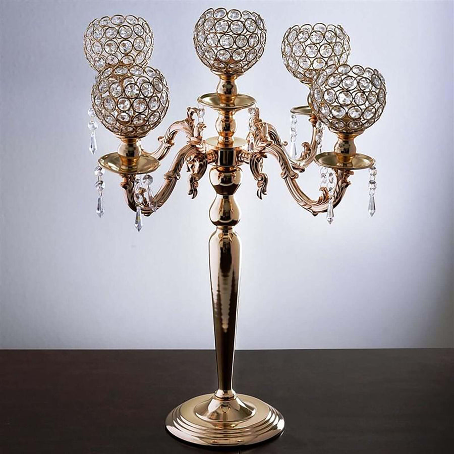 25inch Tall 5 Arm Gold Crystal Beaded Globe Metal Candelabra Candle Holder
