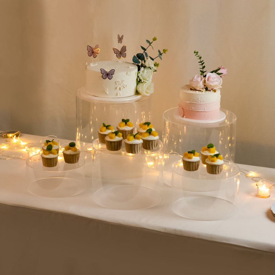 Set of 5 Acrylic Cake Stands Cylinder Design Round Clear - Display Risers for Events