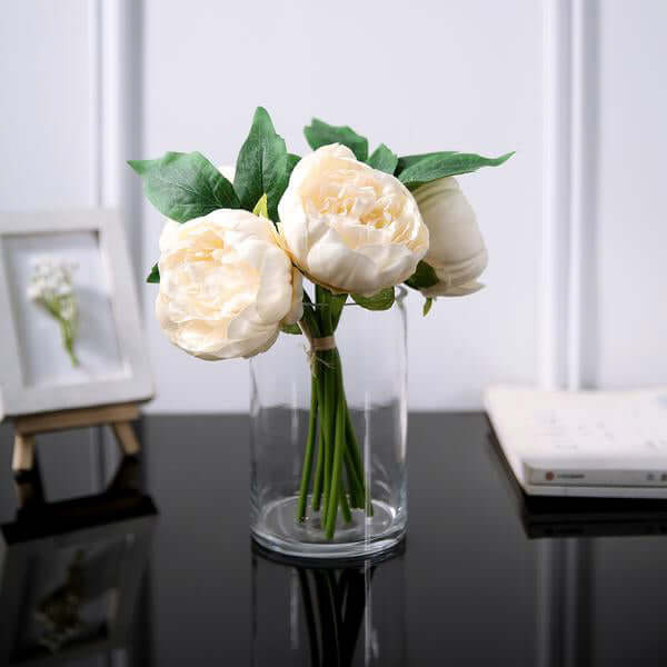 5 Flower Head Beige Peony Bouquet | Artificial Silk Peonies Spray