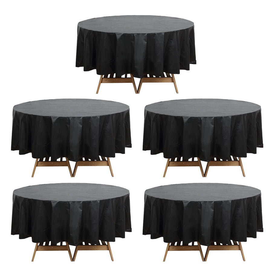 5 Pack Black Round Plastic Table Covers, 84inch PVC Waterproof Disposable Tablecloths
