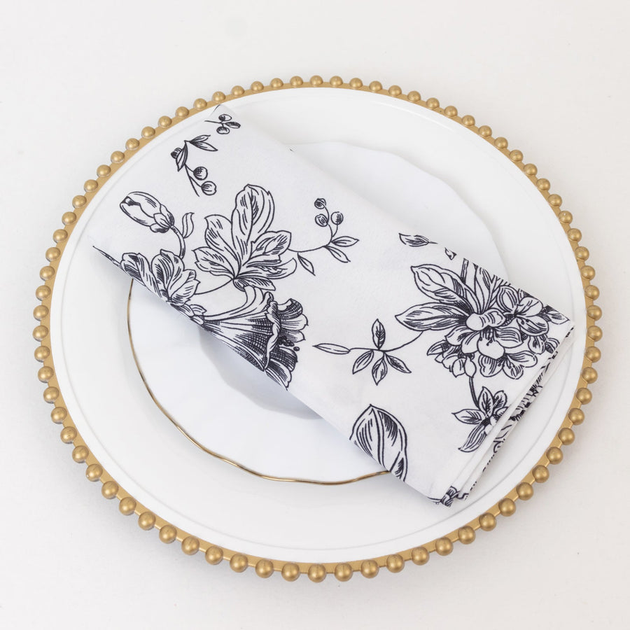 5 Pack Black French Toile Polyester Cloth Napkins, White Floral Reusable Dinner Table Linens