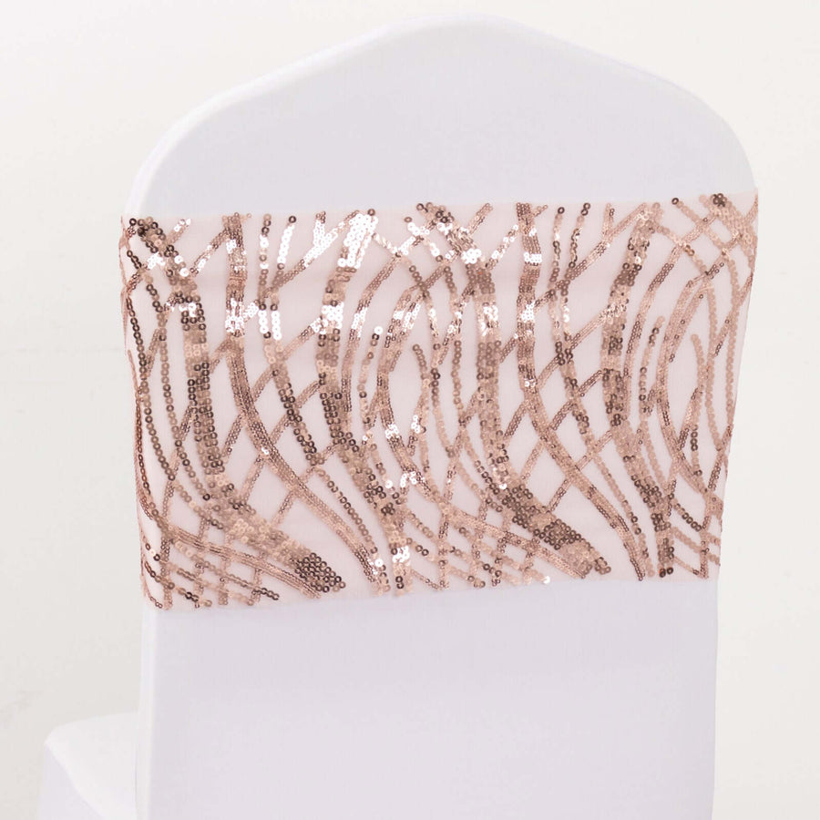 5 Pack Blush Rose Gold Wave Chair Sash Bands With Embroidered Sequins