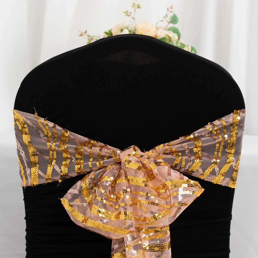 6inch x 88inch Rose Gold Mesh Chair Sashes With Gold Wave Embroidered Sequins