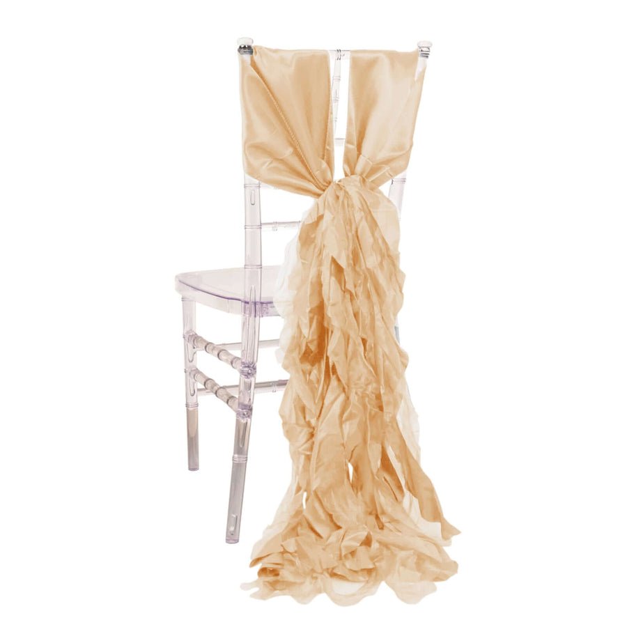 Champagne satin chair sash draped elegantly on a clear chiavari chair