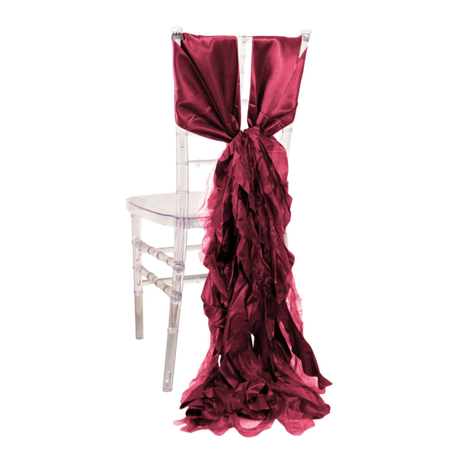 Burgundy satin chair sash with ruffled tail for elegant decor
