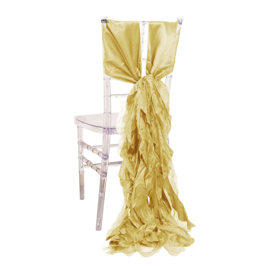 Gold satin chair sash draping elegantly on a clear chair.