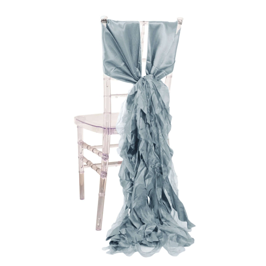 Light blue ruffled chair sash draped elegantly over a clear chiavari chair