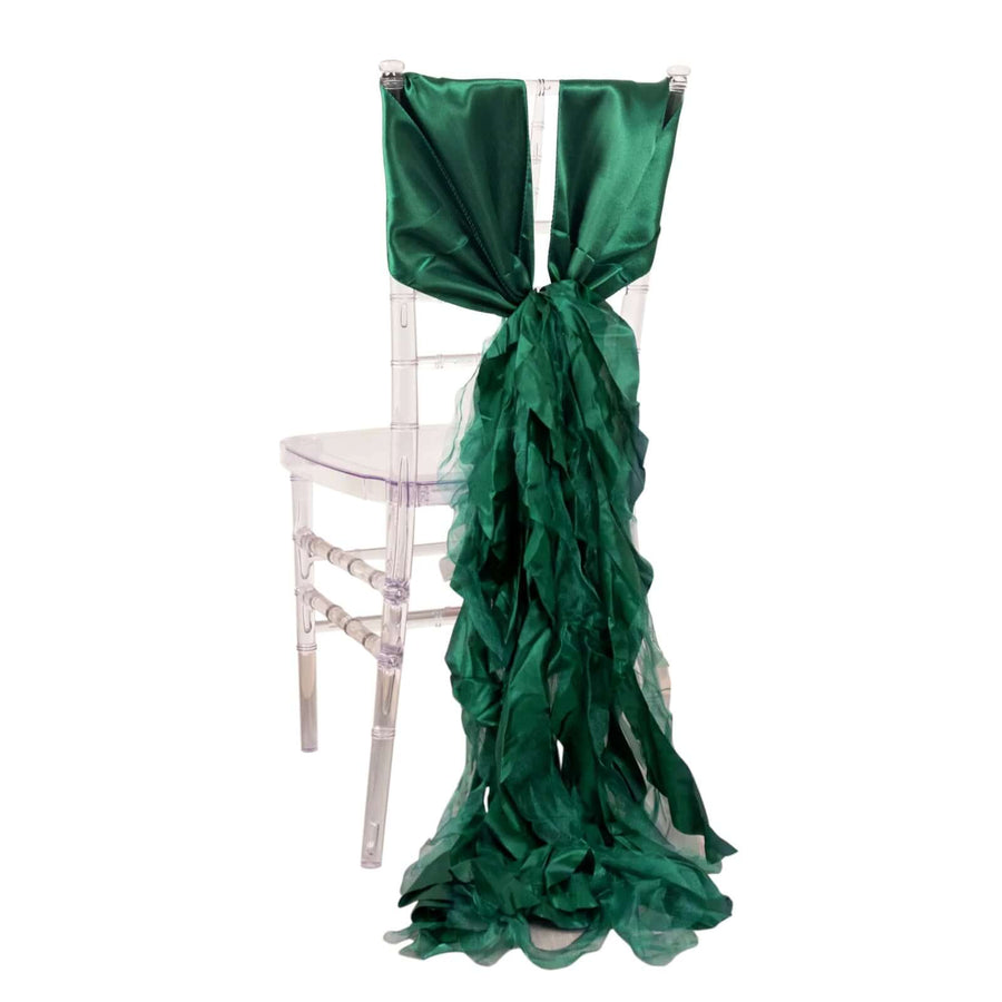 Green satin and chiffon chair sash with ruffled design.