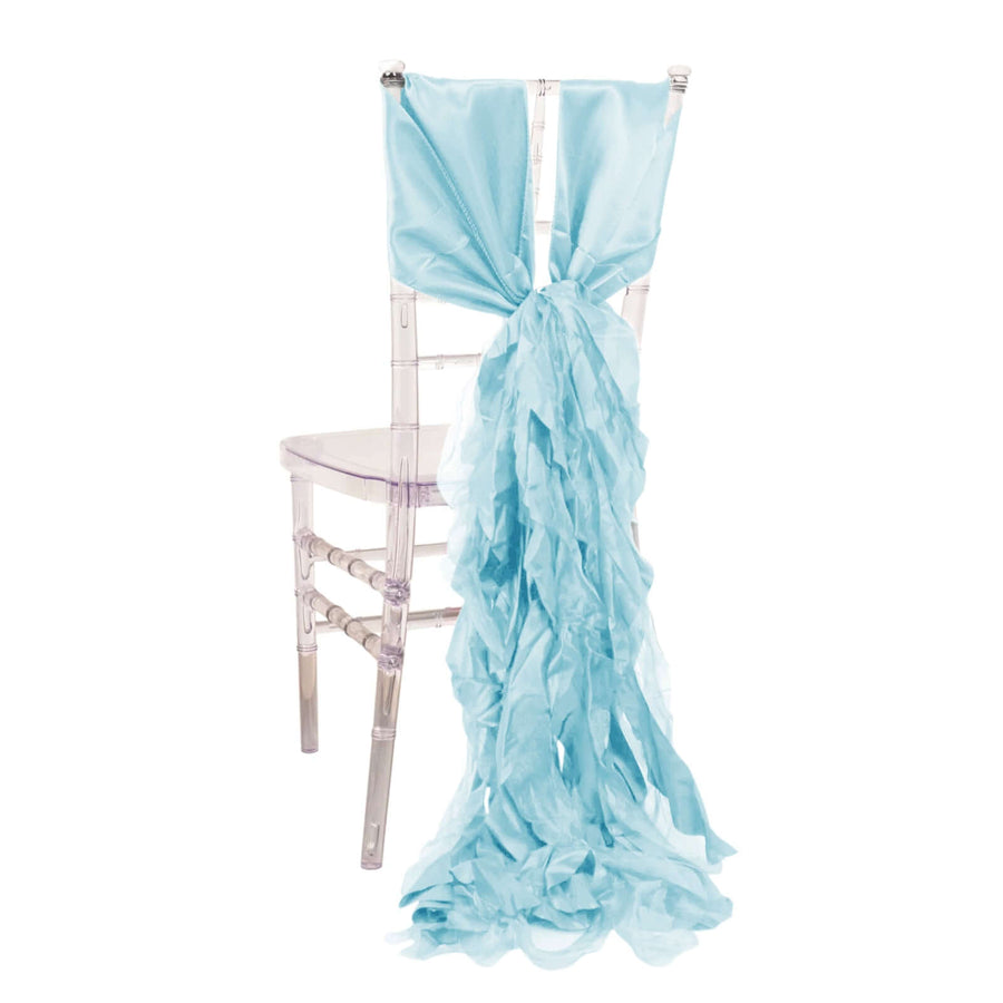 Light blue ruffled chair sash draped on a clear chiavari chair