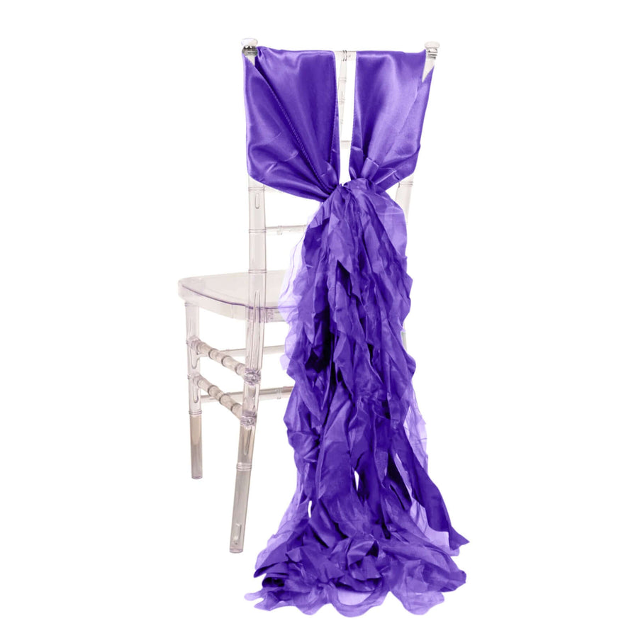 Purple satin chair sash draped elegantly on a clear chair
