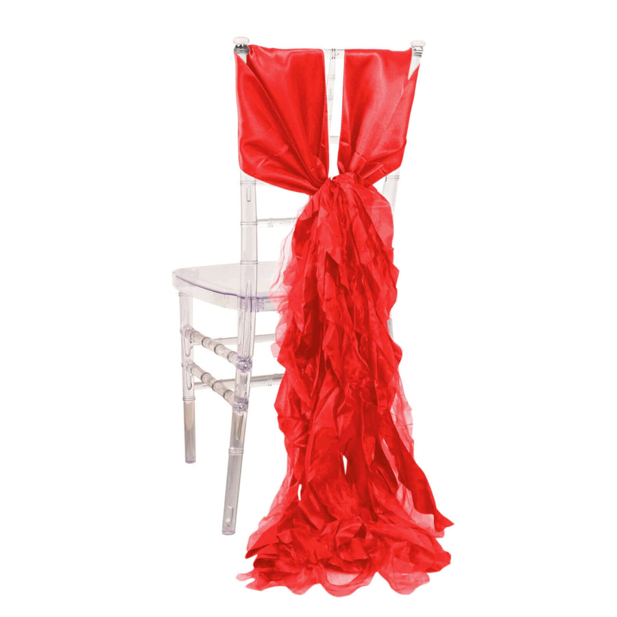 Red satin chair sash with ruffled tail for event decoration