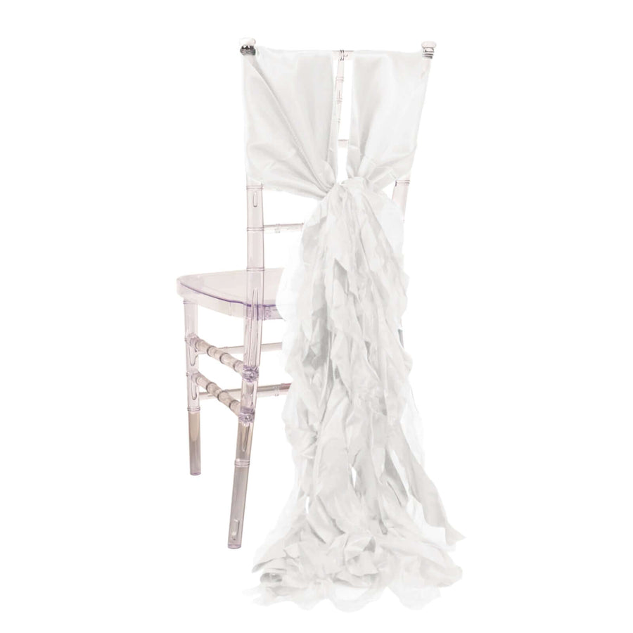 Clear chiavari chair with white satin drape, elegant wedding decor.