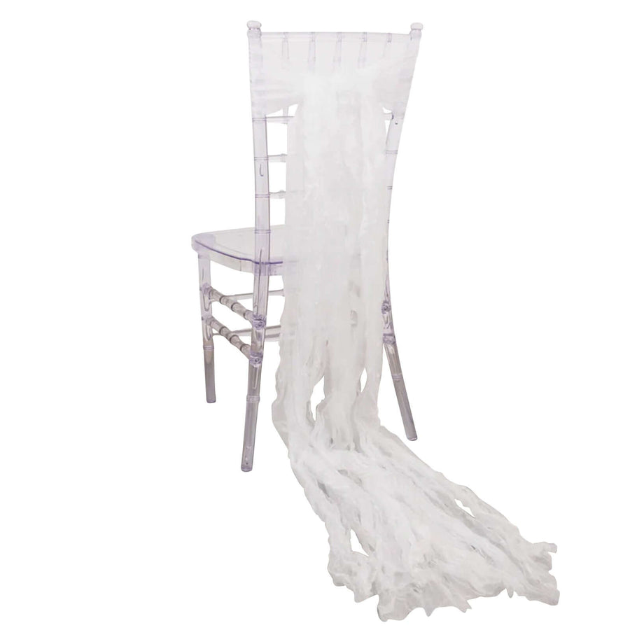 White chair sash cascading down a clear chiavari chair.