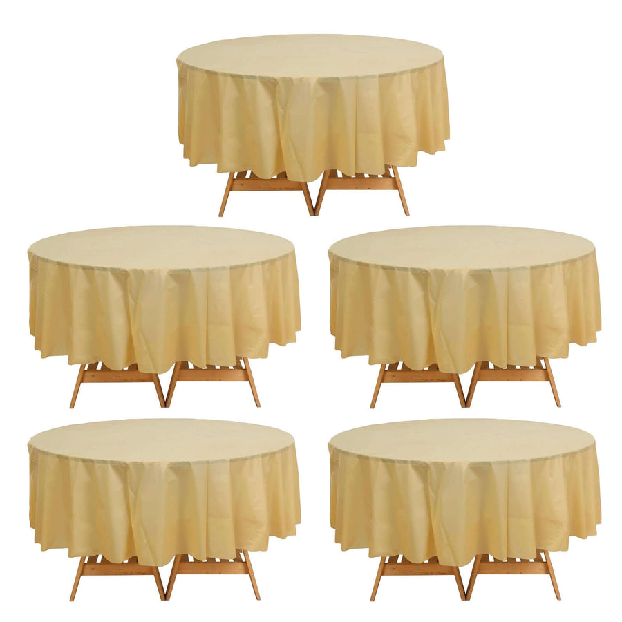 5 Pack Gold Round Plastic Table Covers, 84inch PVC Waterproof Disposable Tablecloths
