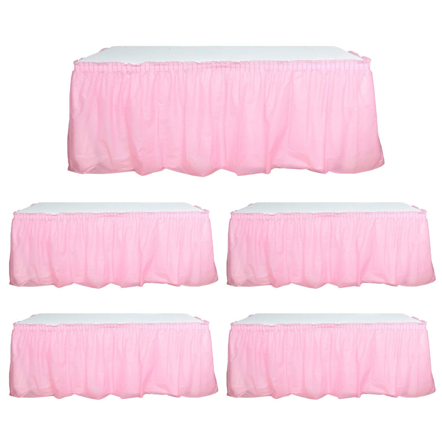 5 Pack Plastic Table Skirts Pink Ruffled - Durable Disposable Skirts for Events 14ft