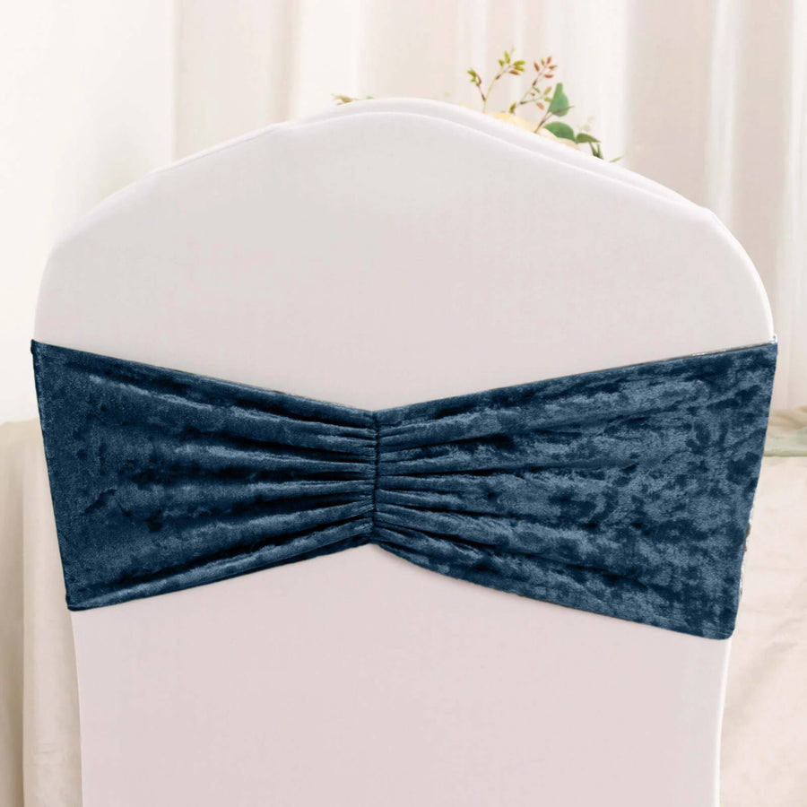 Navy blue velvet chair sash on white banquet chair