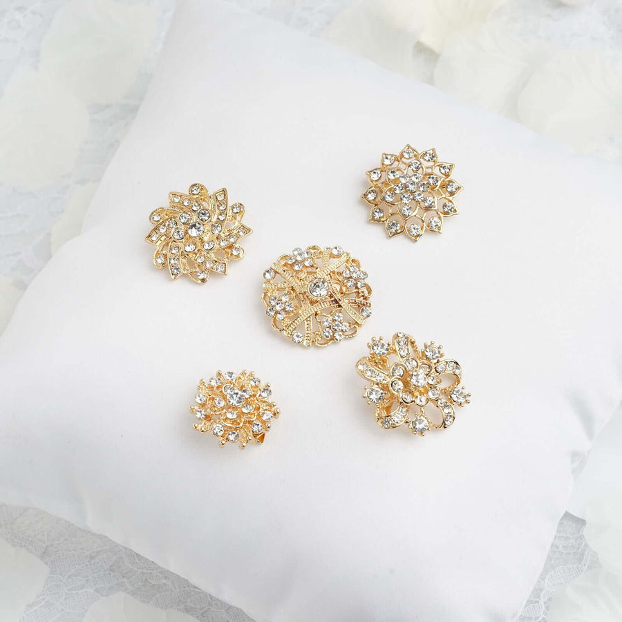 5 Pcs | Assorted Gold Plated Mandala Crystal Rhinestone Brooches | Floral Sash Pin Brooch Bouquet Decor