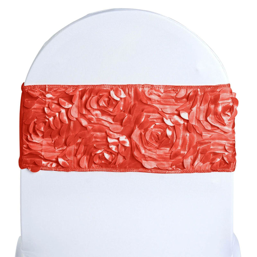 5 pack | 6inch x 14inch Red Satin Rosette Spandex Stretch Chair Sash