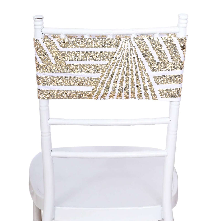 Gold sequined chair sash on a white chair.