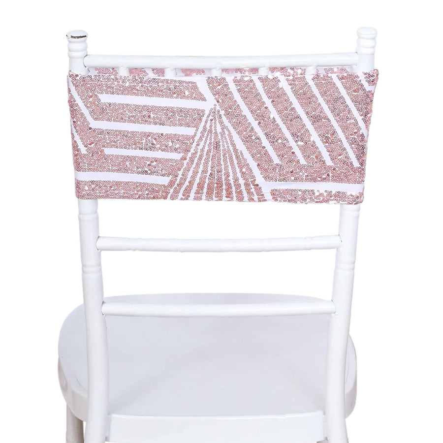 Rose gold sequined chair cover with geometric pattern on a white chair.