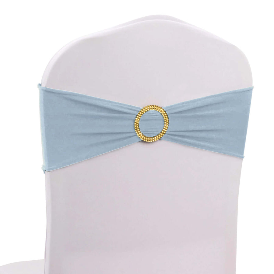 Light blue chair sash with gold ring detail on a white chair