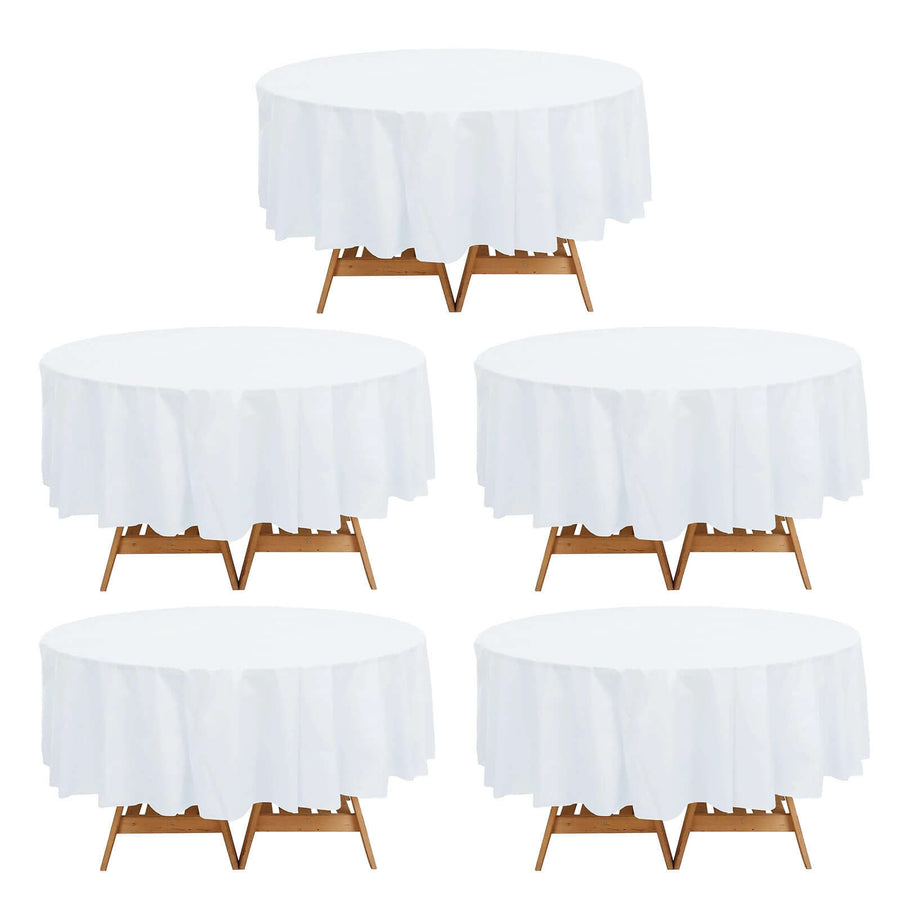 5 Pack White Round Plastic Table Covers, 84inch PVC Waterproof Disposable Tablecloths