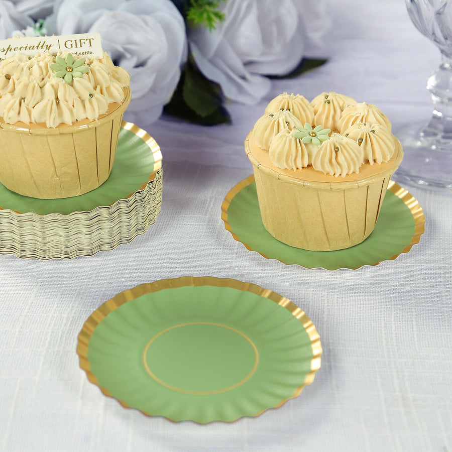 50 Pack Dusty Sage Green Mini Dessert Plates with Gold Scalloped Rim, Disposable Round