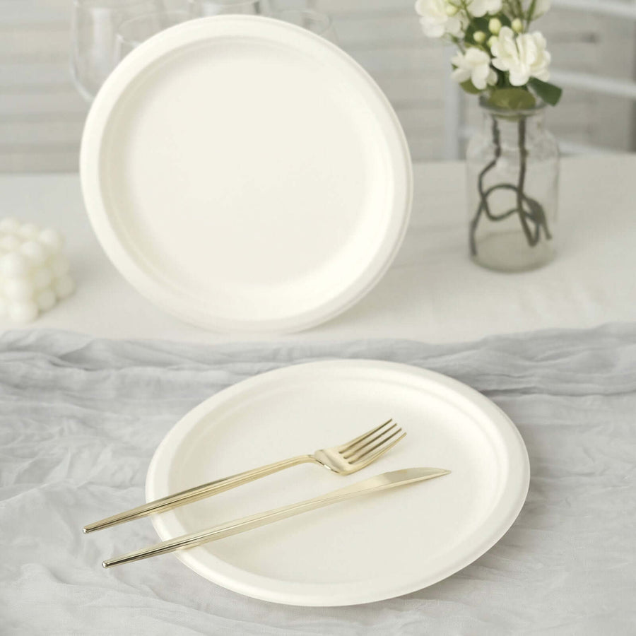 50 Pack | 9inch White Biodegradable Bagasse Dinner Plates,Disposable Sugarcane Party Plates