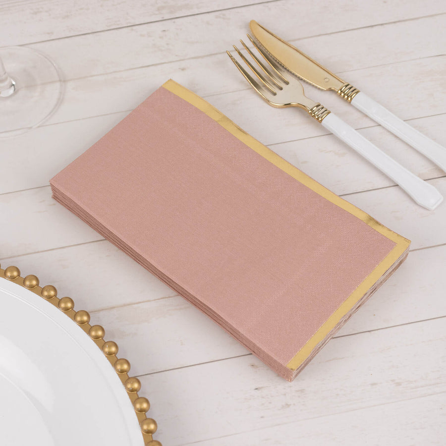 50 Pack Dusty Rose Soft 2 Ply Disposable Party Napkins with Gold Foil Edge