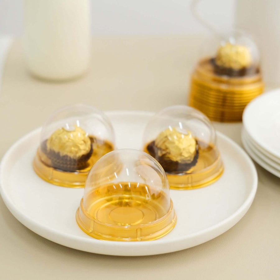 50 Pack | Gold/Clear 3inch Mini Plastic Cupcake Favor Containers, Round Dome Party Boxes