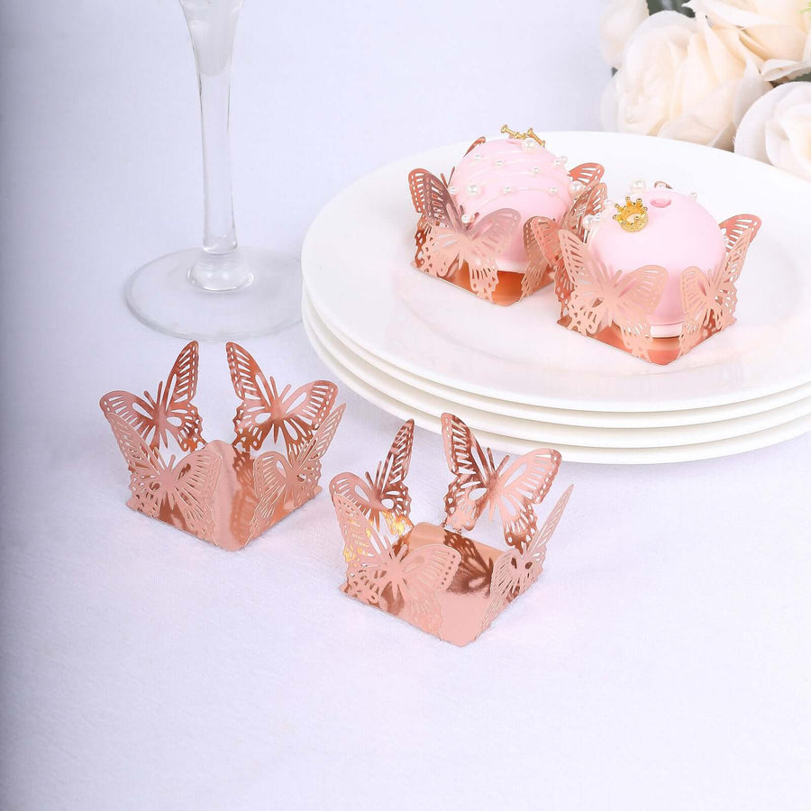 50 Pack Mini Metallic Rose Gold Butterfly Cupcake Wrappers, Square Truffle Cup Dessert Tray
