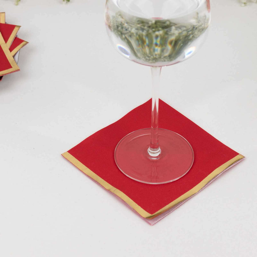 50 Pack Red Disposable Cocktail Napkins with Gold Foil Edge