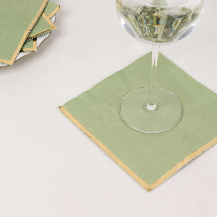 50 Pack Soft Sage Green 2 Ply Disposable Cocktail Napkins with Gold Foil Edge, Disposable Paper