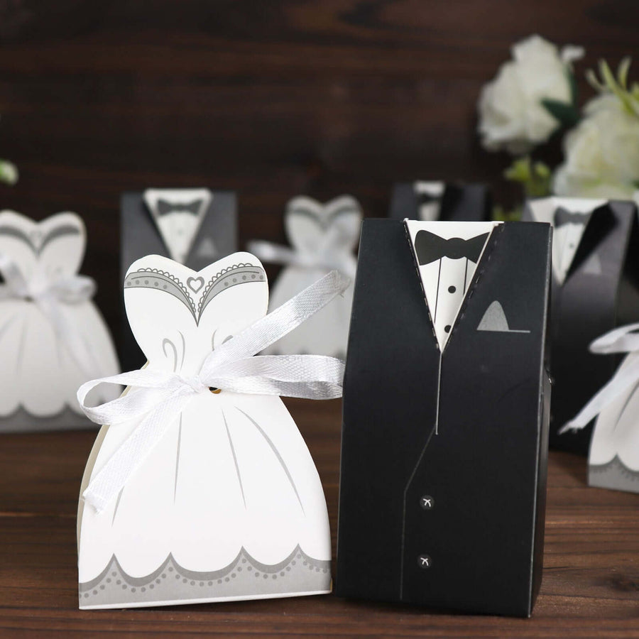 50 Pc Set | Wedding Dress & Tuxedo Shower Party Favor Candy Gift Boxes with Ribbon Ties