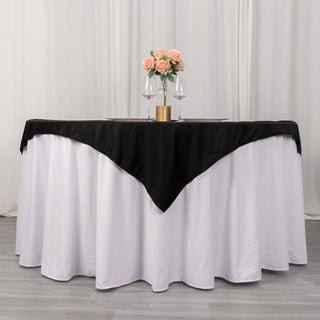 Add a Touch of Sophistication with the Black 54" Scuba Polyester Table Overlay Add a Touch of Sophistication with the Black 54" Scuba Polyester Table Overlay