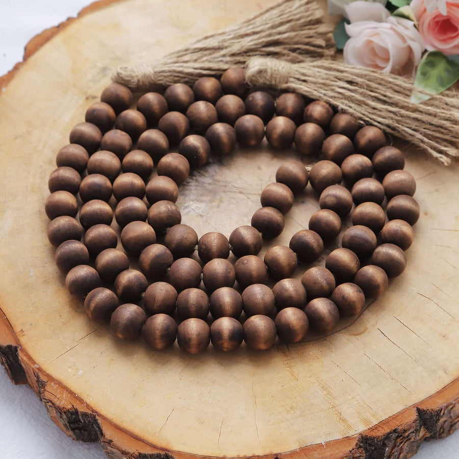 55inch Brown Rustic Boho Chic Wood Bead Garland With Tassels, Farmhouse Country Wood Bead Chain