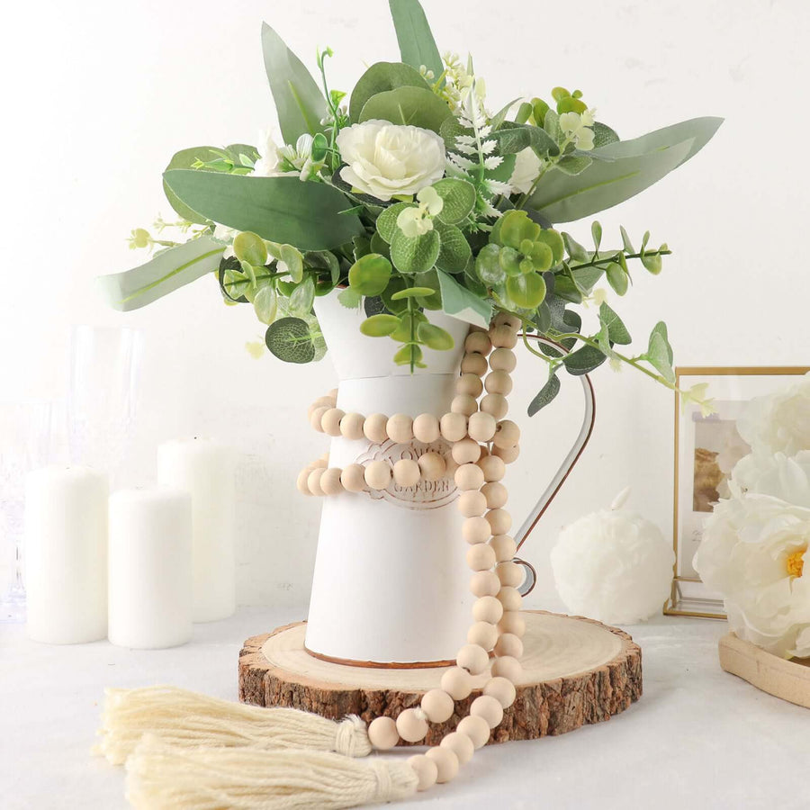 29inch Cream Rustic Boho Chic Wood Bead Garland With Tassels