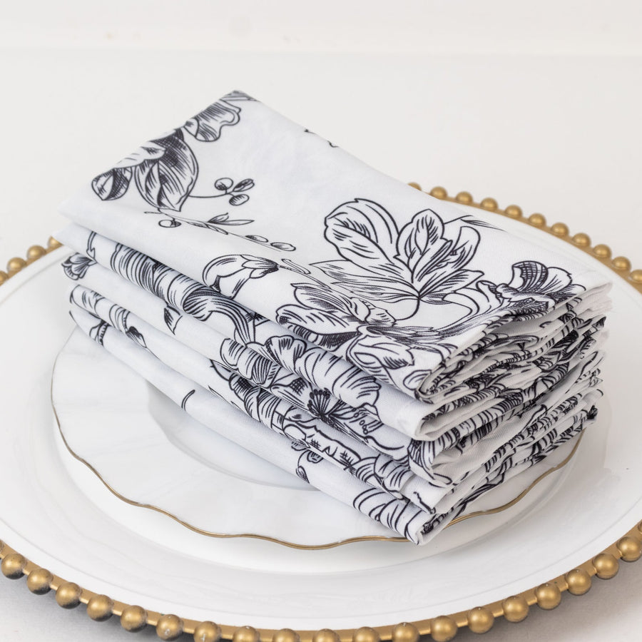 5-Pack French Toile Polyester Cloth Napkins – 17"x17" Black and White Reusable Table Napkins