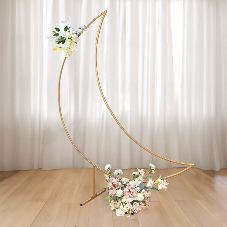 6.5ft Gold Metal Crescent Moon Wedding Arch Backdrop Stand, Curved Arbor Floral Balloon Frame
