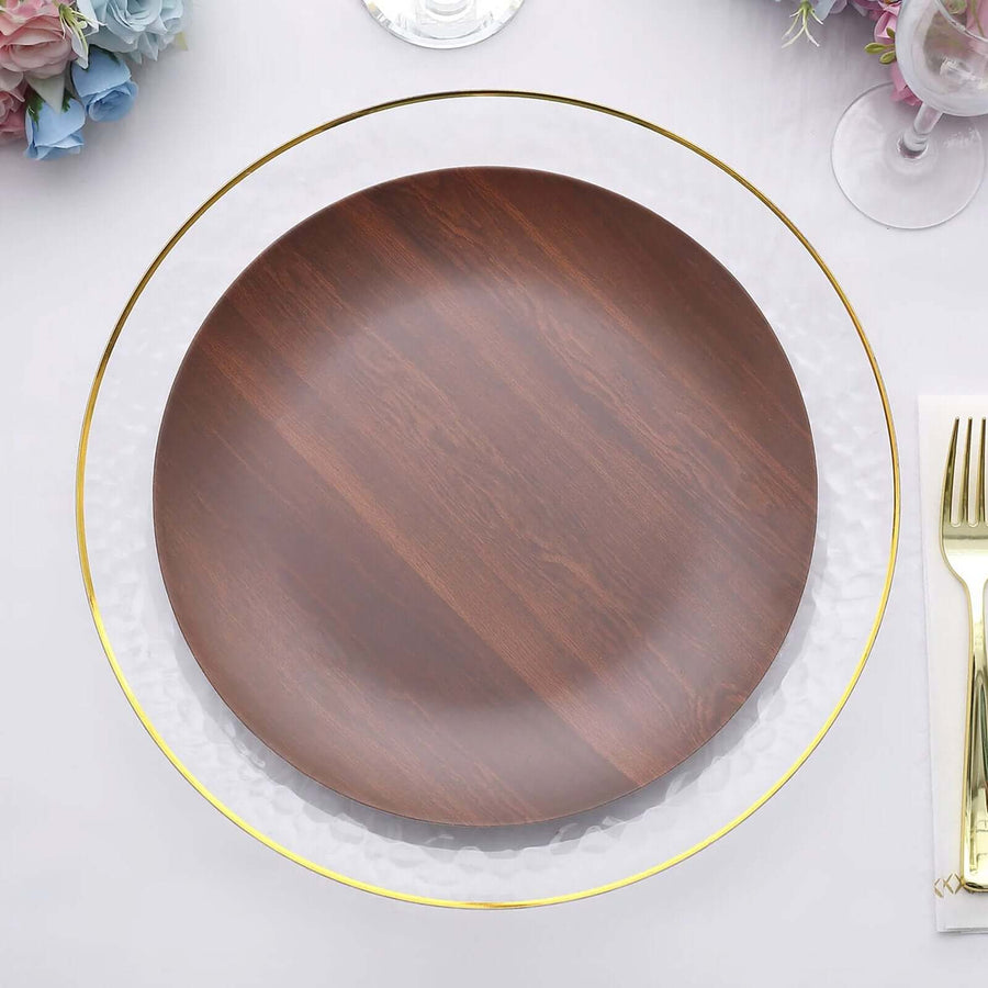 Elegant wooden dinner plate on a white textured charger with golden rim.