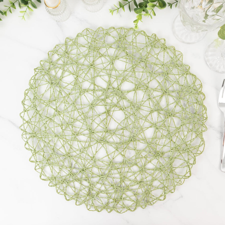 6-Pack Table Placemats Woven Fiber Design Sage Green Round - Disposable Mats for Dining and Events 15"