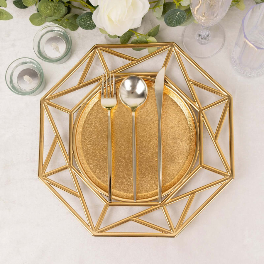 Gold geometric charger plate with utensils on a stylish table setting.