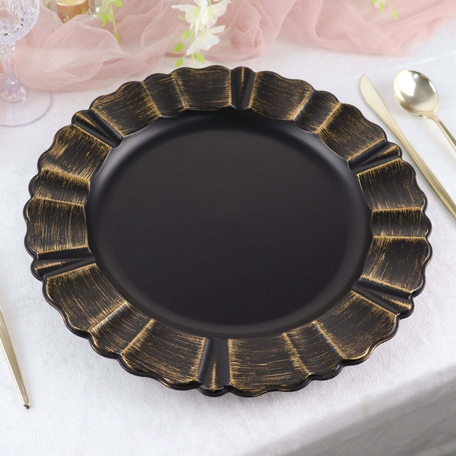 Elegant black plate with gold accents, perfect for dining settings.