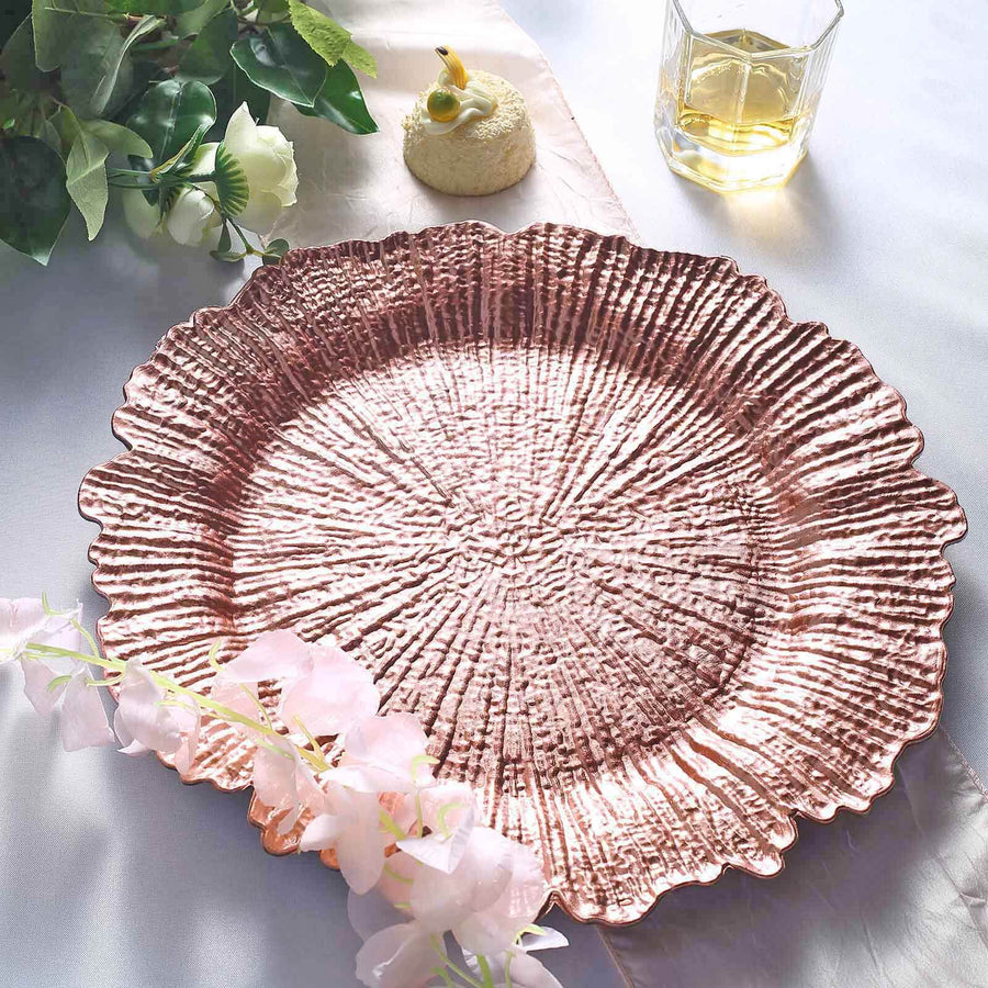 Rose gold textured serving platter on a soft table setting with floral accents.